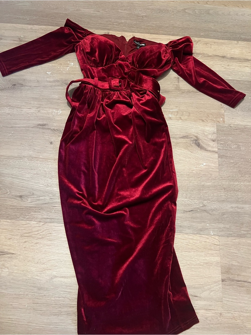 Fashion Nova Burgundy Velvet Long Sleeve Bardot Midi Dress